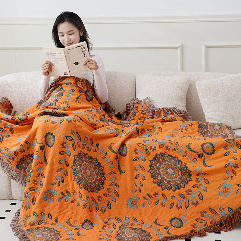 Cotton Gauze Floral Reversible Tassel Quilt - image 7