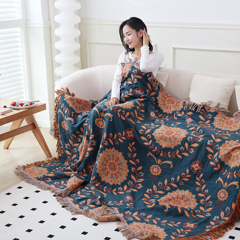 Cotton Gauze Floral Reversible Tassel Quilt - image 9