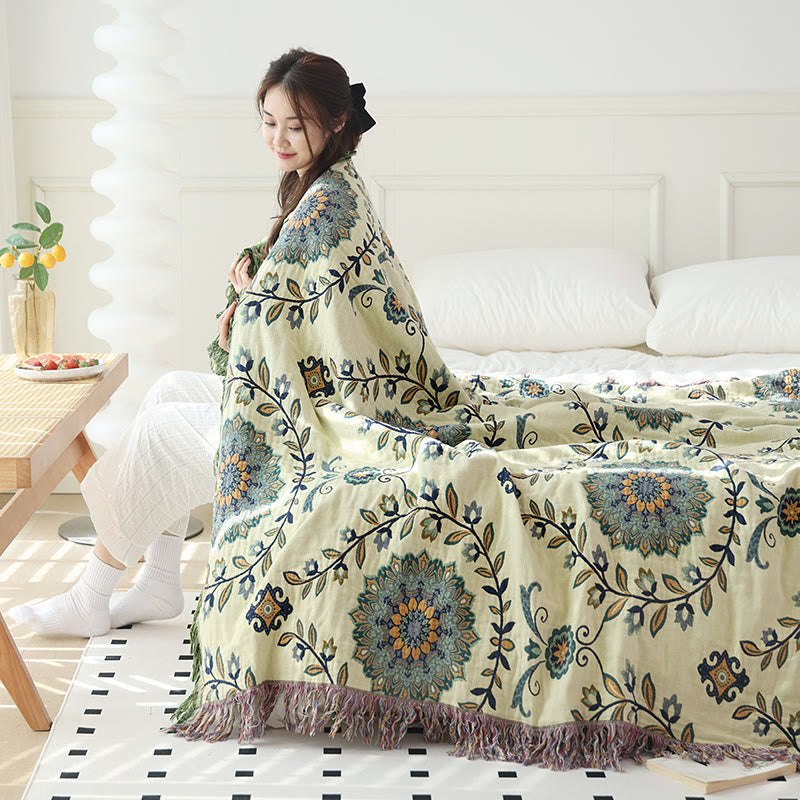Cotton Gauze Floral Reversible Tassel Quilt - image 4