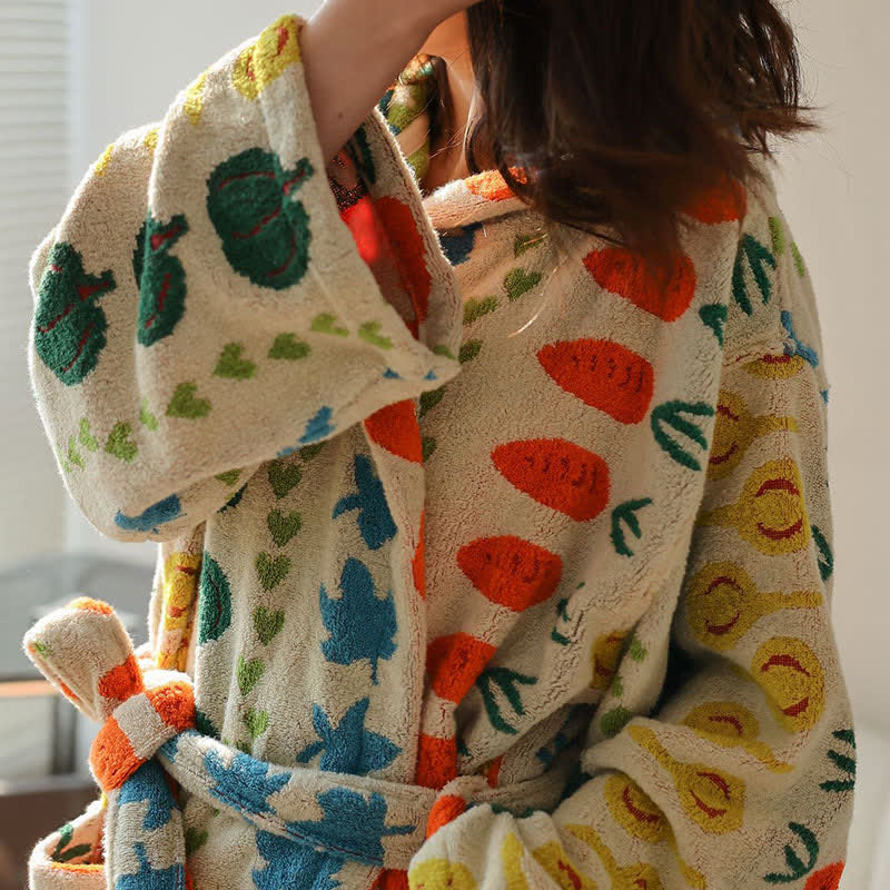 Colorful Vegetable Pattern Cotton Hooded Bathrobe - image 8