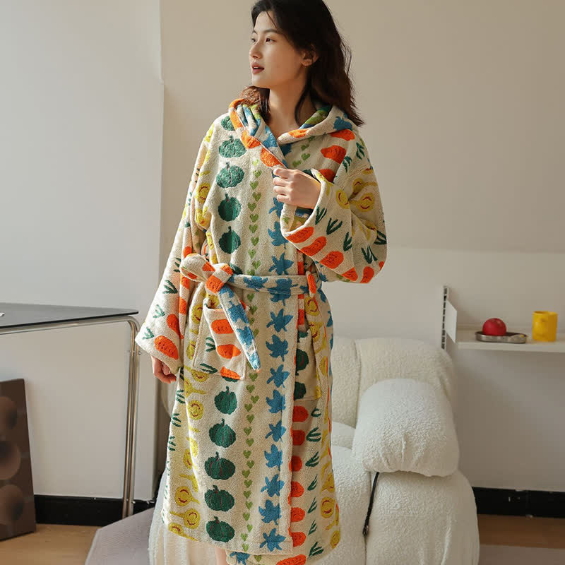 Colorful Vegetable Pattern Cotton Hooded Bathrobe - Beige - Adult: L - image 6