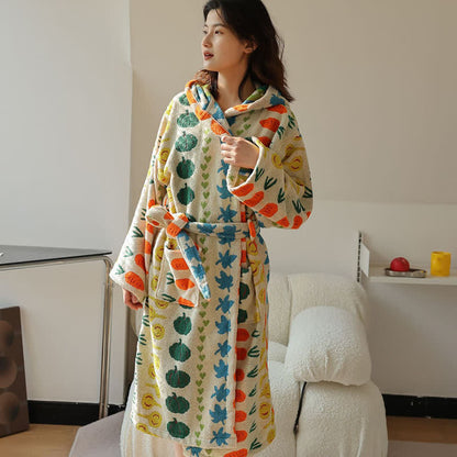 Colorful Vegetable Pattern Cotton Hooded Bathrobe - Beige - Adult: L - image 6