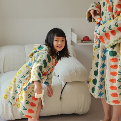 Colorful Vegetable Pattern Cotton Hooded Bathrobe - Beige - Child: M - image 10
