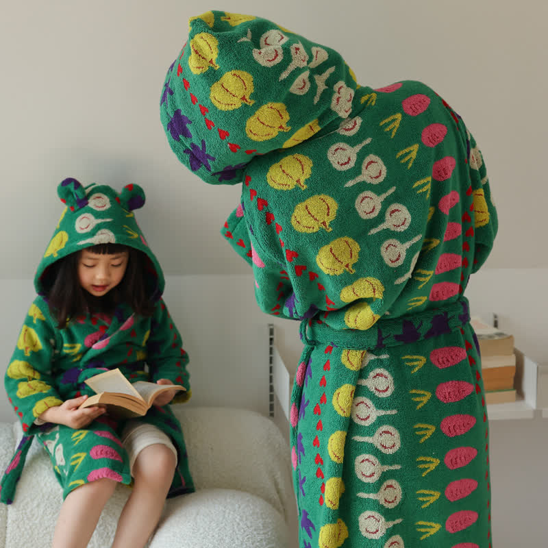 Colorful Vegetable Pattern Cotton Hooded Bathrobe - Green - Child: M - image 0