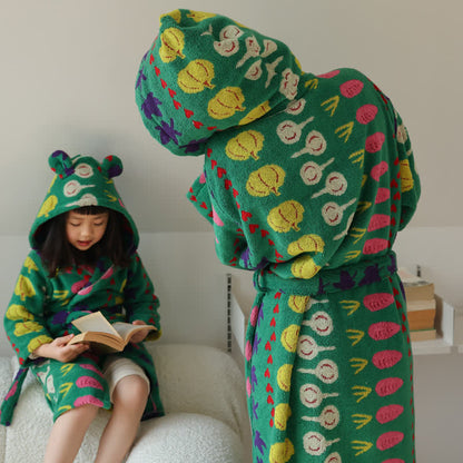 Colorful Vegetable Pattern Cotton Hooded Bathrobe - Green - Child: M - image 0