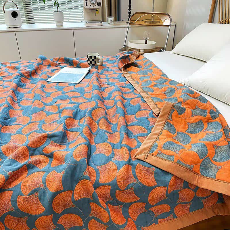 Ginkgo Leaf Bright Cotton Reversible Quilt - Blue & Orange - 2PCS Pillow Towels - 21" × 31" - image 0