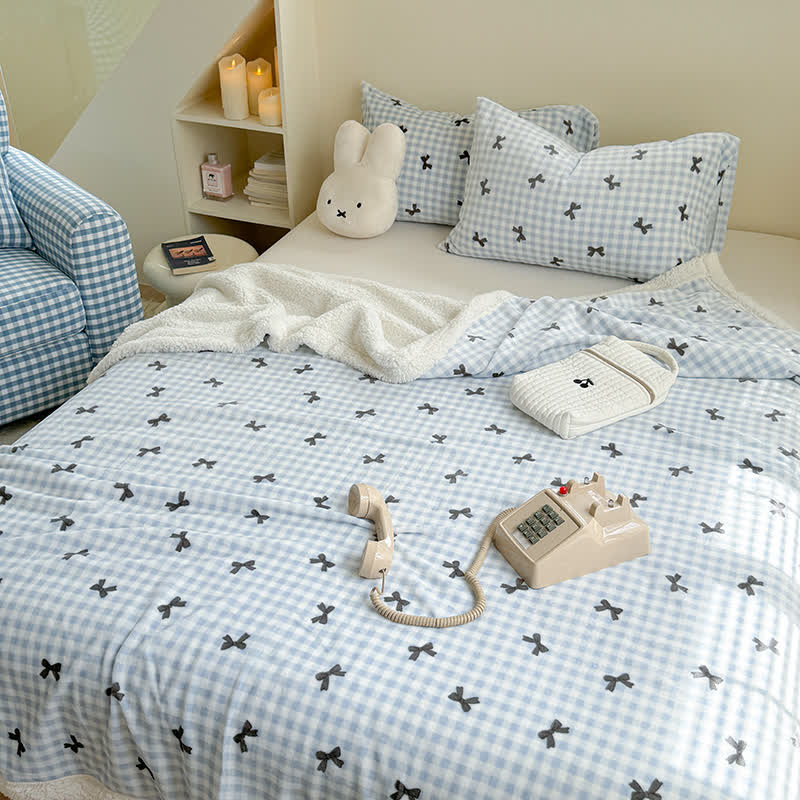 Girly Bow-knit Sherpa Throw Blanket - Blue - Queen - image 4