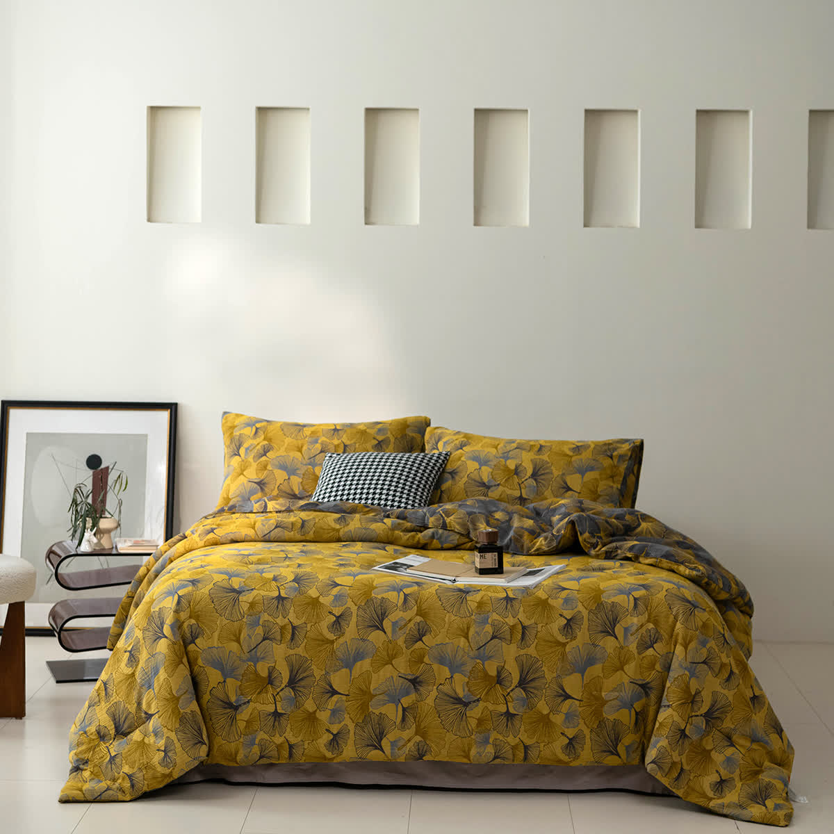 Ginkgo Leaf Cotton Gauze Elegant Bedding  - 2pcs Pillowcases - Yellow & Gray - 20" x 36" - image 0