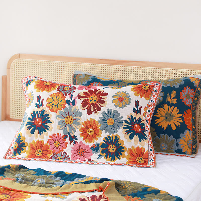 Bright Colorful Flower Cotton Reversible Quilt - 2pcs Pillow Towels - 19" x 31" - image 8