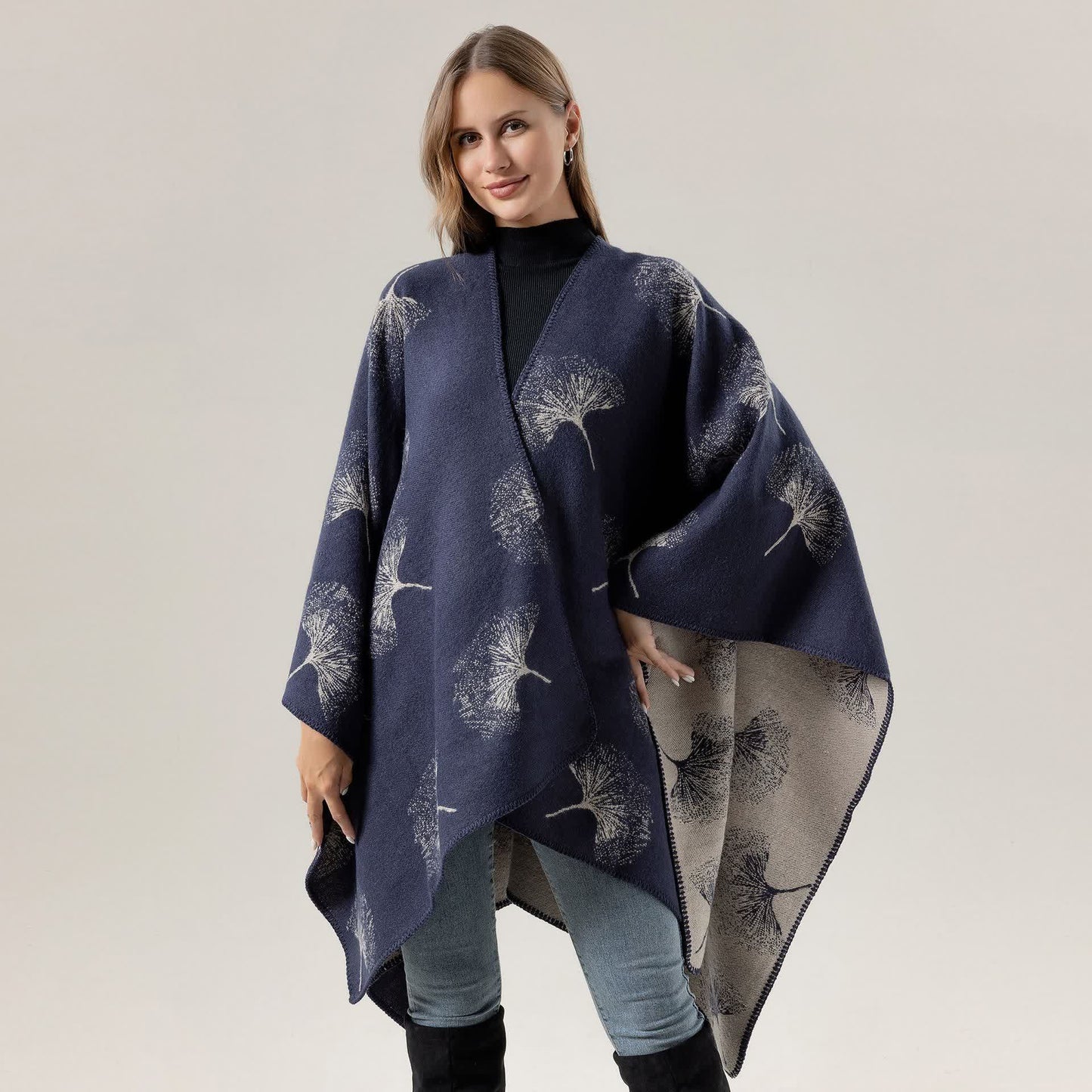 Luxurious Ginkgo Leaf Travel Shawl Cape - Navy Blue - 51" x 59" - image 5