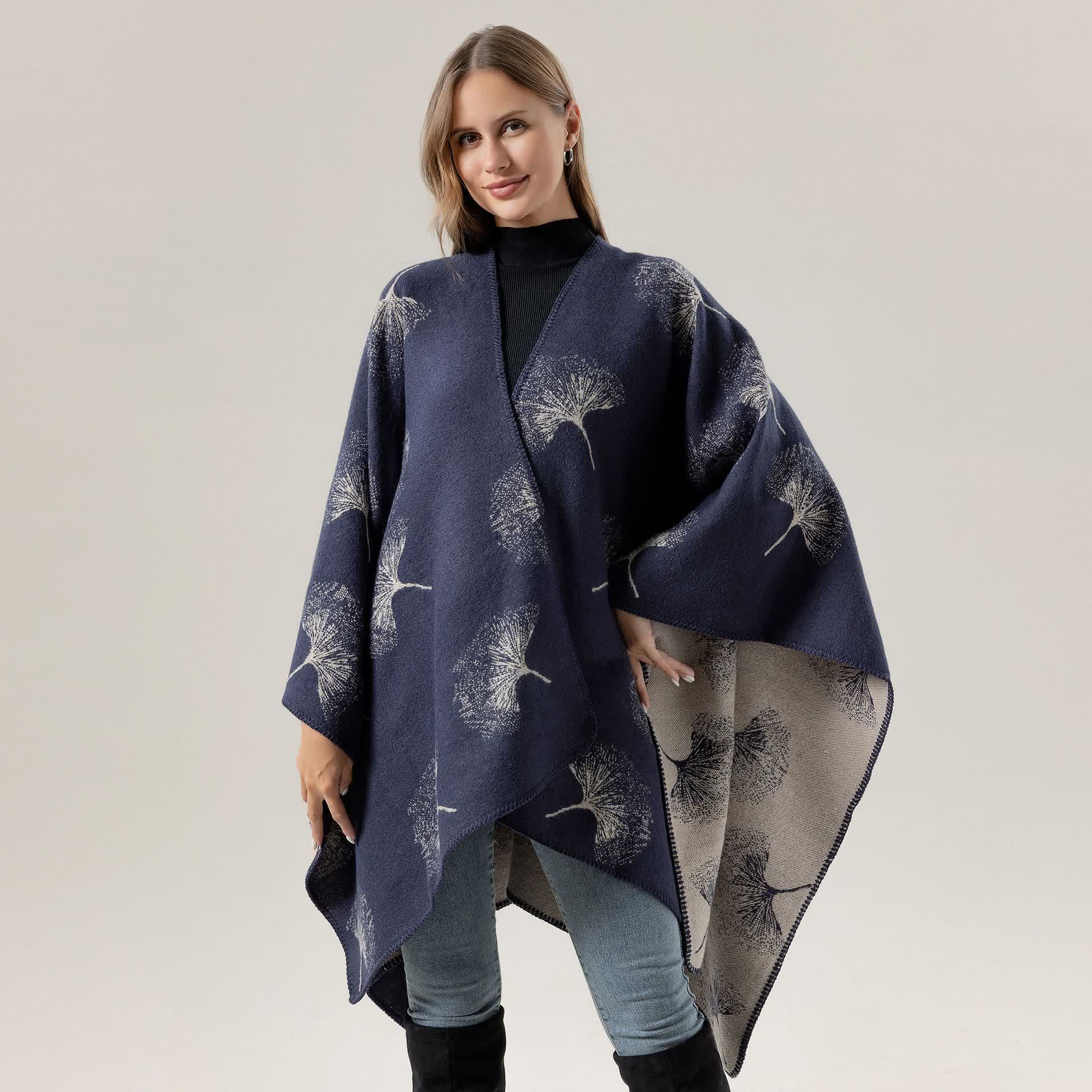Luxurious Ginkgo Leaf Travel Shawl Cape - Navy Blue - 51" x 59" - image 5
