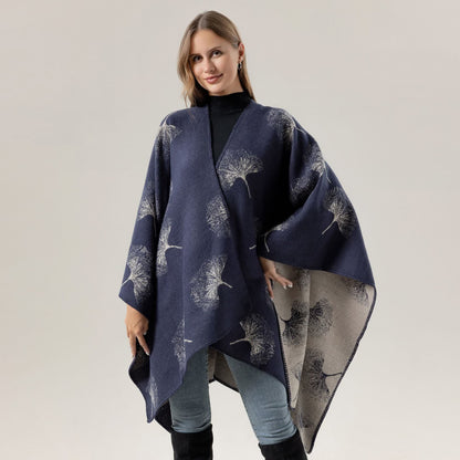 Luxurious Ginkgo Leaf Travel Shawl Cape - Navy Blue - 51" x 59" - image 5