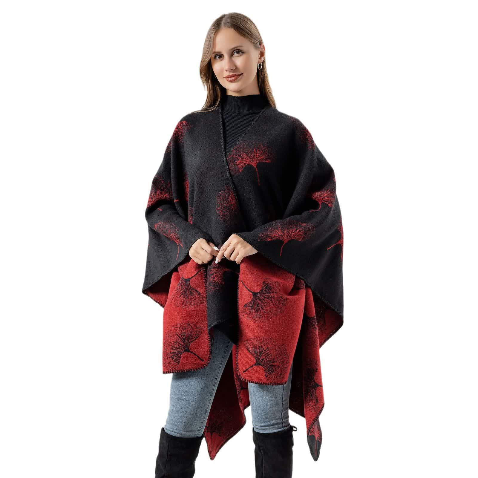 Luxurious Ginkgo Leaf Travel Shawl Cape - Black & Red - 51" x 59" - image 3