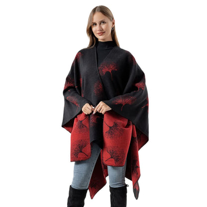 Luxurious Ginkgo Leaf Travel Shawl Cape - Black & Red - 51" x 59" - image 3