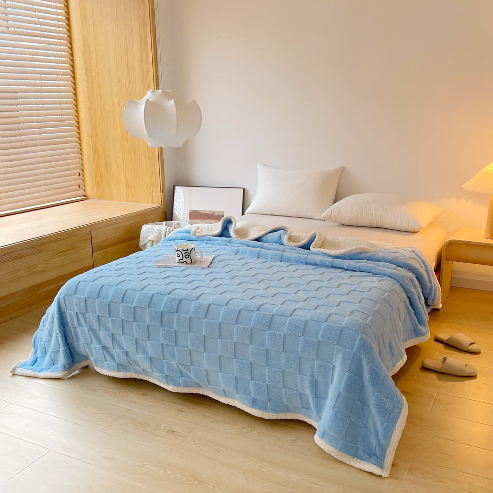 Checkerboard Texture Soft Sherpa Blanket - Blue - Queen - image 19