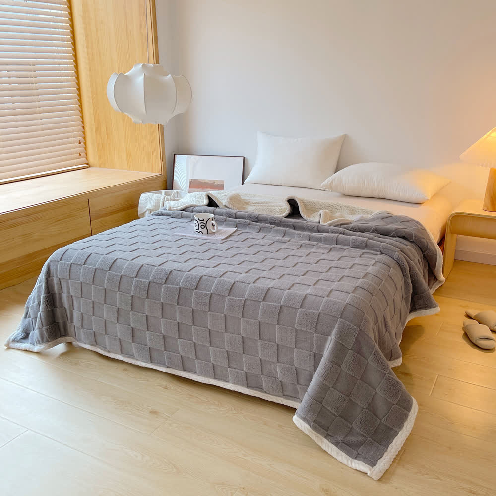 Checkerboard Texture Soft Sherpa Blanket - Gray - Queen - image 15