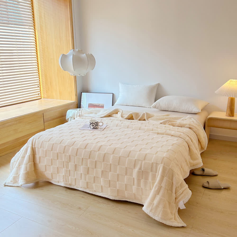 Checkerboard Texture Soft Sherpa Blanket - White - Queen - image 8