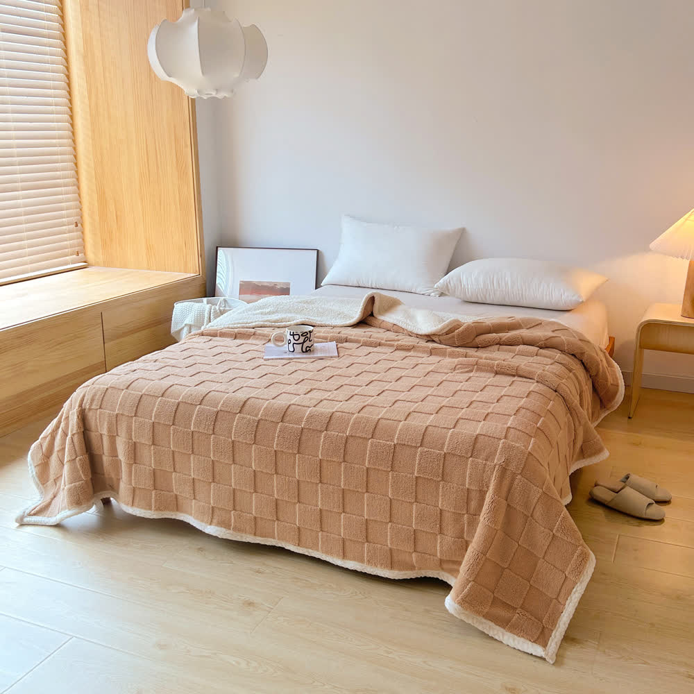 Checkerboard Texture Soft Sherpa Blanket - Coffee - Queen - image 12