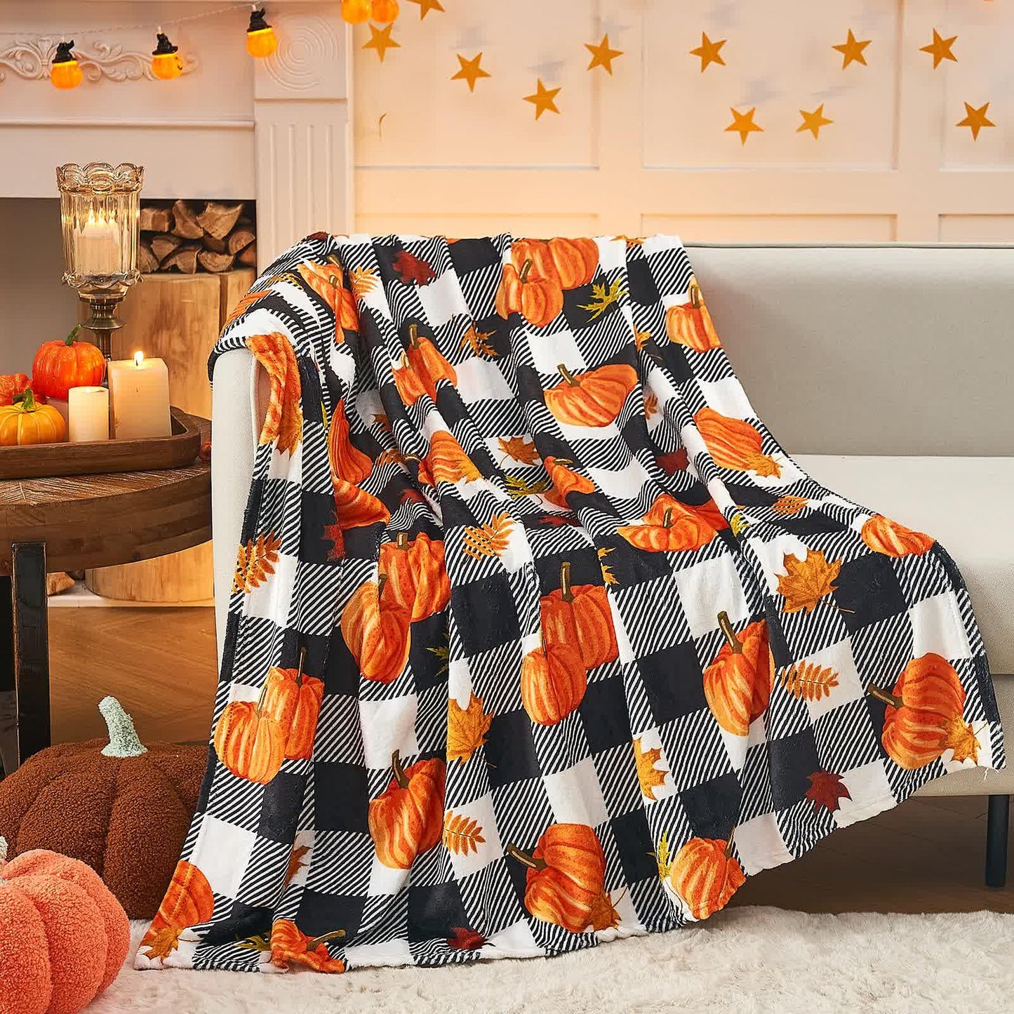 Plaid Pumpkin Halloween Flannel Blanket - 59" x 86" - image 0