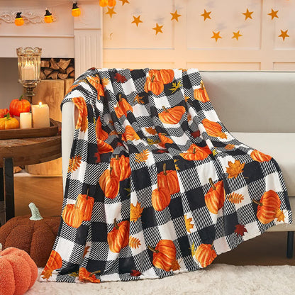 Plaid Pumpkin Halloween Flannel Blanket - 59" x 86" - image 0