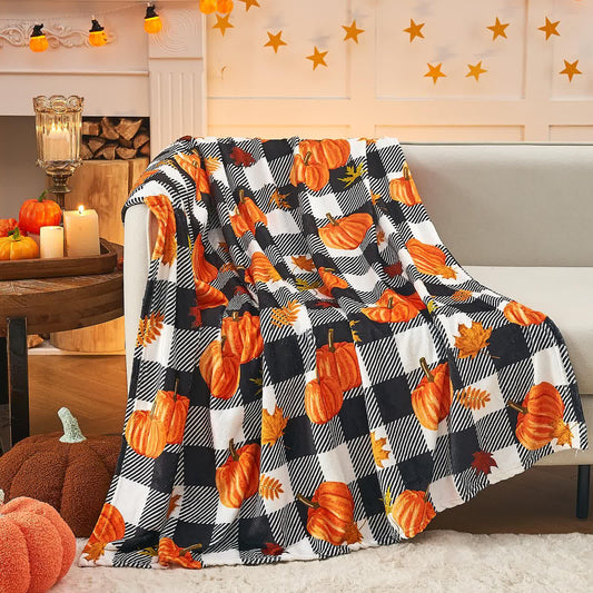 Plaid Pumpkin Halloween Flannel Blanket - 59" x 86" - image 0