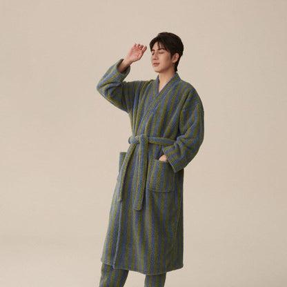 Winter Fleece Modern Stripe Long Bathrobe - Bathrobe with pants - Dark Green - Men XXL - image 2