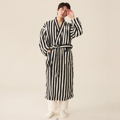 Winter Fleece Modern Stripe Long Bathrobe - Bathrobe with pants - Black & White - Men XXL - image 9