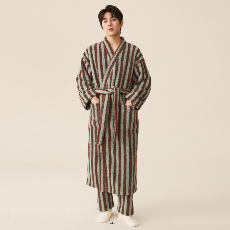 Winter Fleece Modern Stripe Long Bathrobe - Bathrobe with pants - Mint Green & Brown - Men XXL - image 5