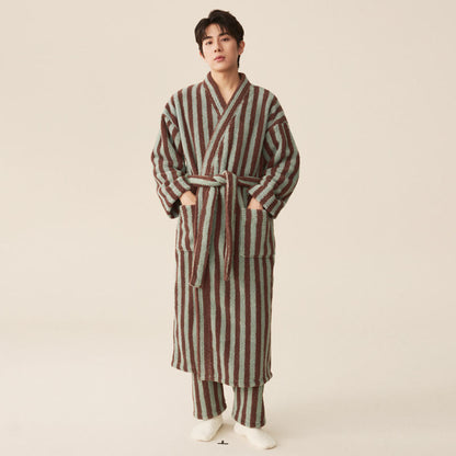 Winter Fleece Modern Stripe Long Bathrobe - Bathrobe with pants - Mint Green & Brown - Men XXL - image 5
