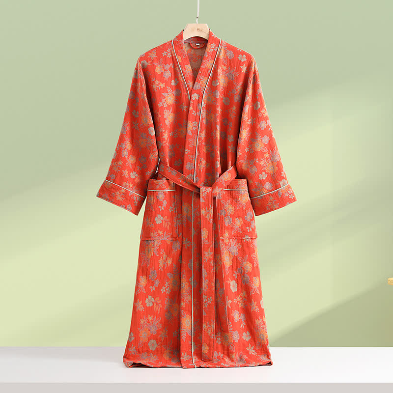 Kimono Cotton Gauze Floral Bathrobe - Orange - XL - image 2