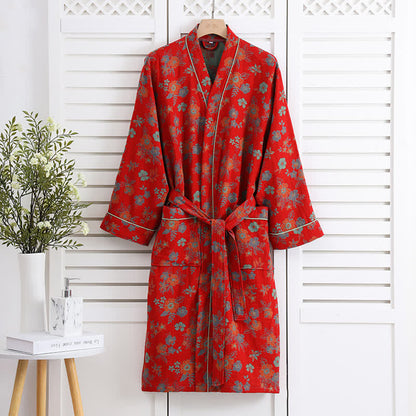 Kimono Cotton Gauze Floral Bathrobe - Red - XL - image 0