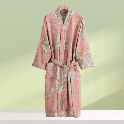 Pure Cotton Elegant Floral Soft Bathrobe - Pink - XL - image 2