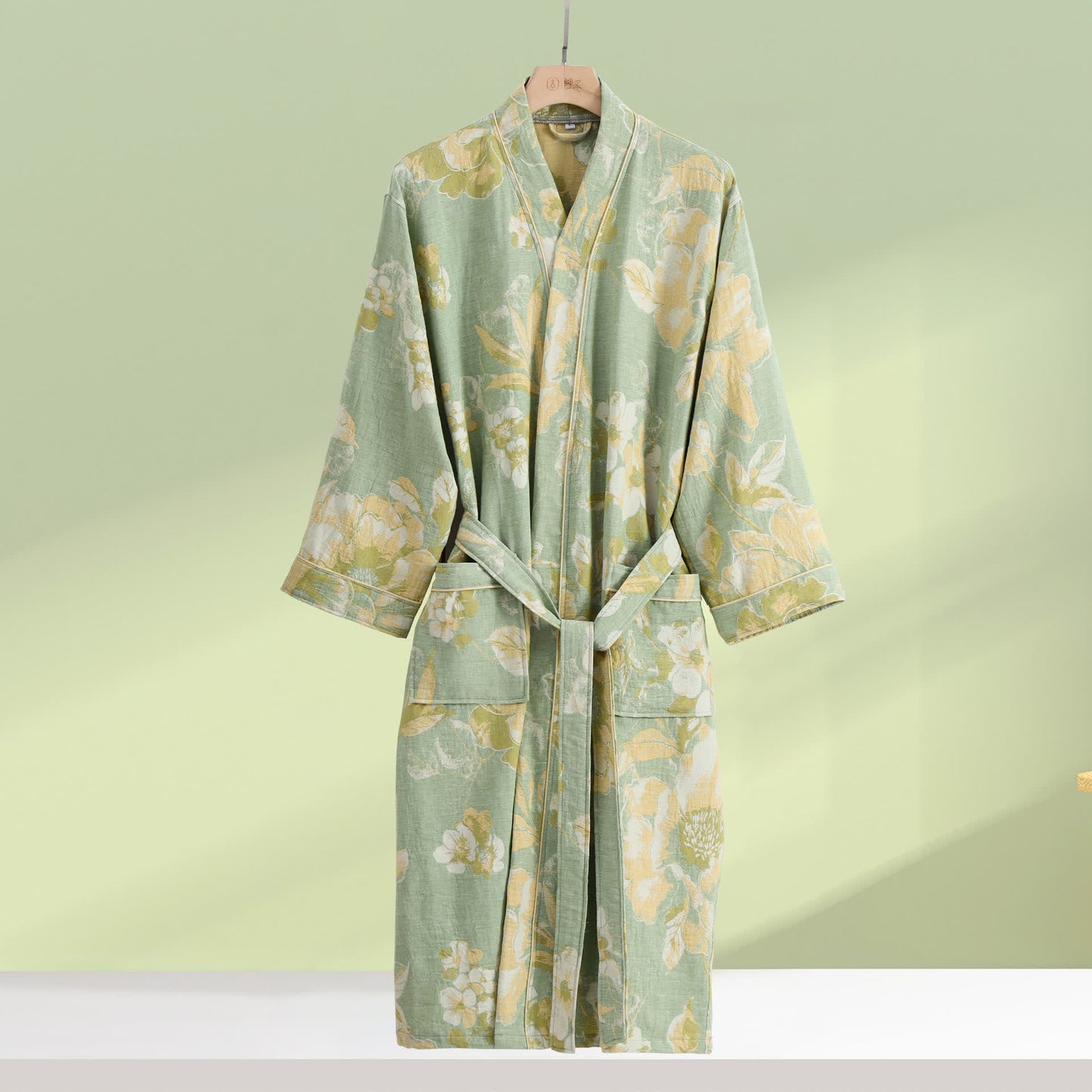 Pure Cotton Elegant Floral Soft Bathrobe - Green - XL - image 0