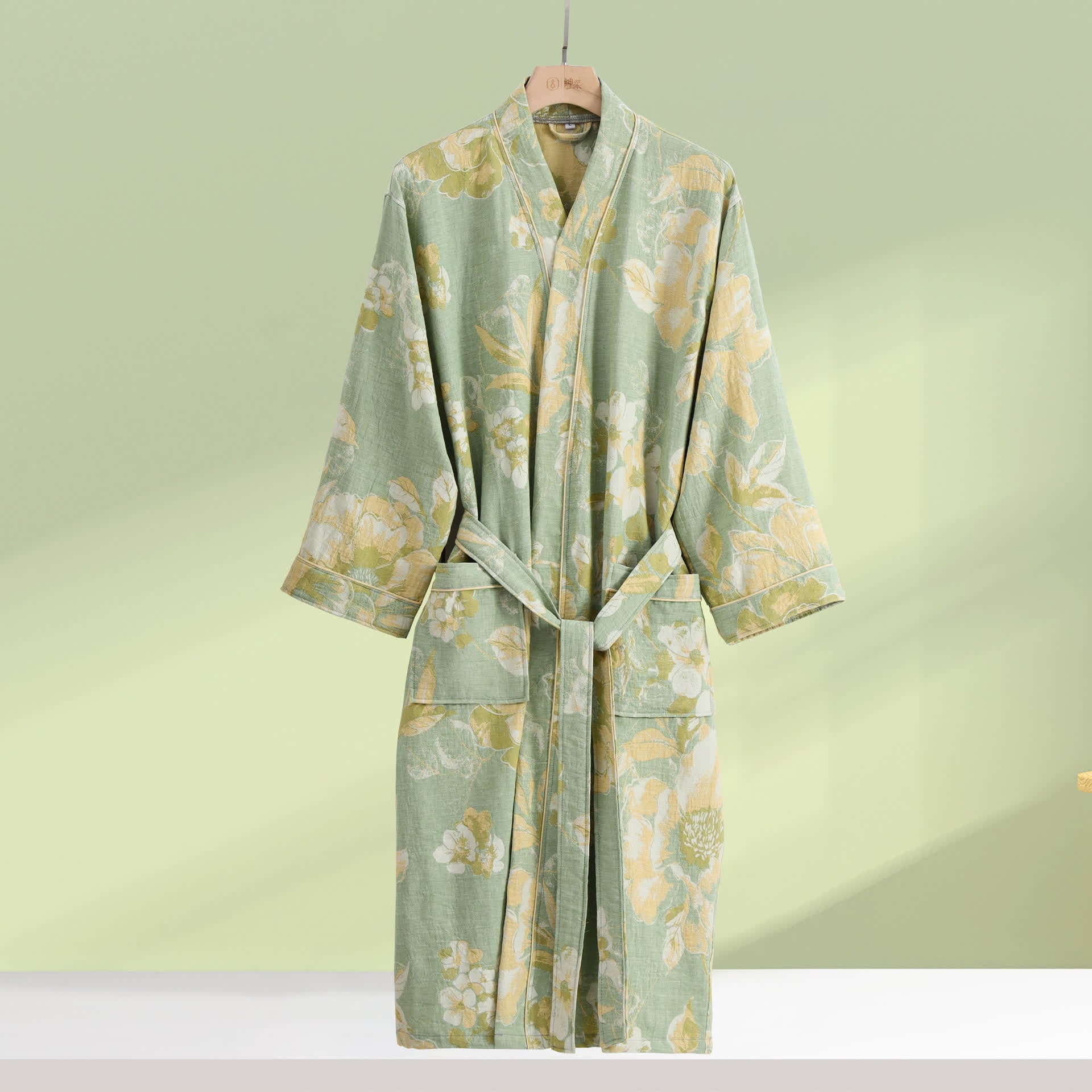Pure Cotton Elegant Floral Soft Bathrobe - Green - XL - image 0