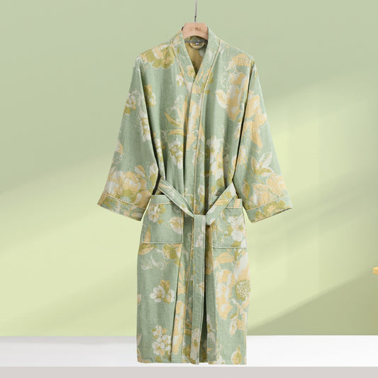 Pure Cotton Elegant Floral Soft Bathrobe - Green - XL - image 0