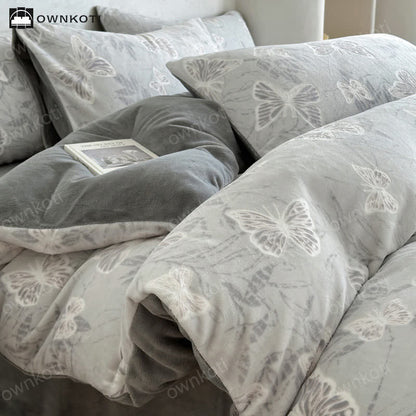 Butterfly Velvet Warm Bedding Set(4PCS) - Gray - King - image 6