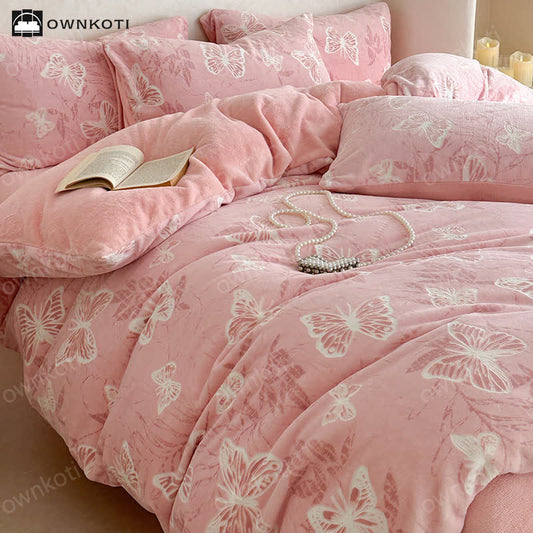 Butterfly Velvet Warm Bedding Set(4PCS) - Pink - King - image 0