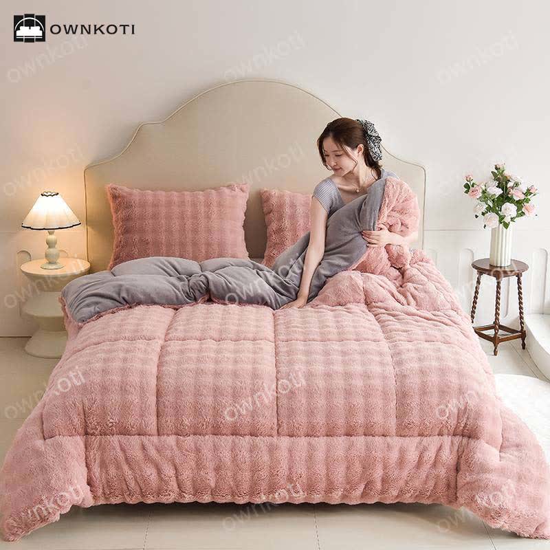 Double Fleece Warm Blanket with Quilt Core - Coral Pink - Blanket - King - image 8