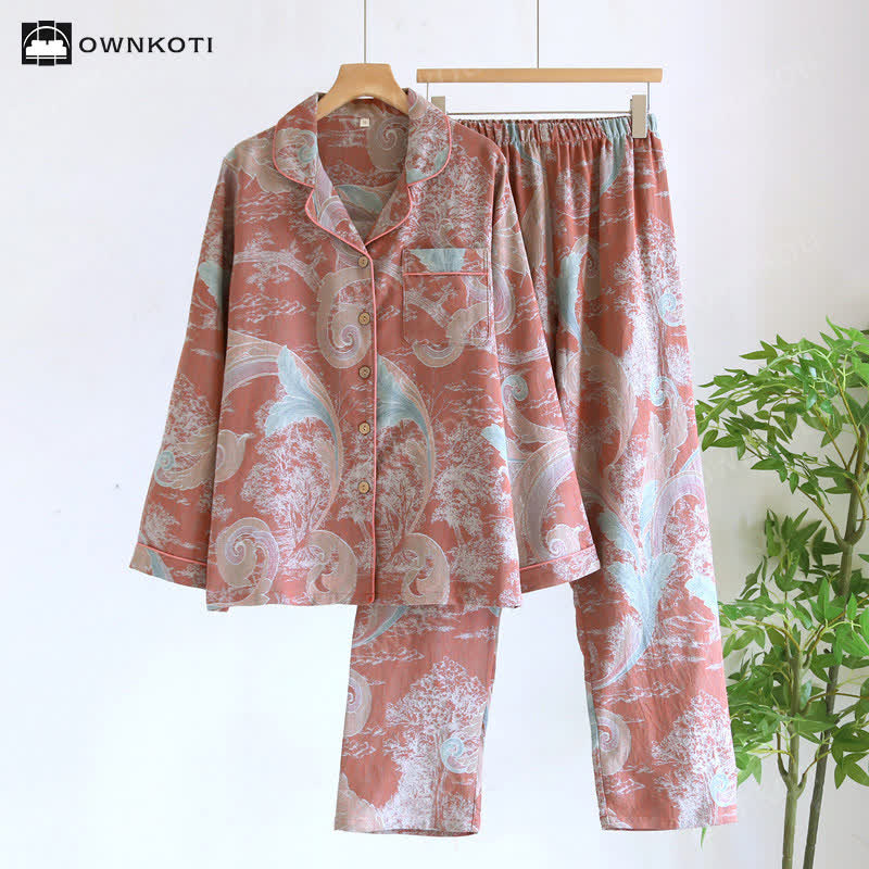 Retro Cotton Gauze Couple Pajama Set - Dark Red - Women XL - image 2