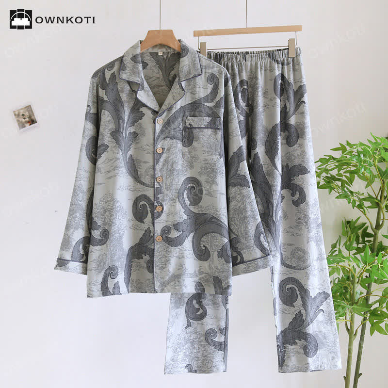 Retro Cotton Gauze Couple Pajama Set - Gray - Men XL - image 11