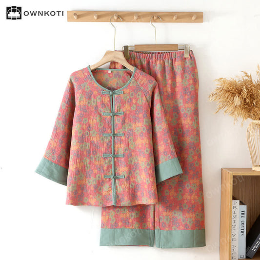 Frog Button Floral Cotton Gauze Nightwear Set - XL - image 0