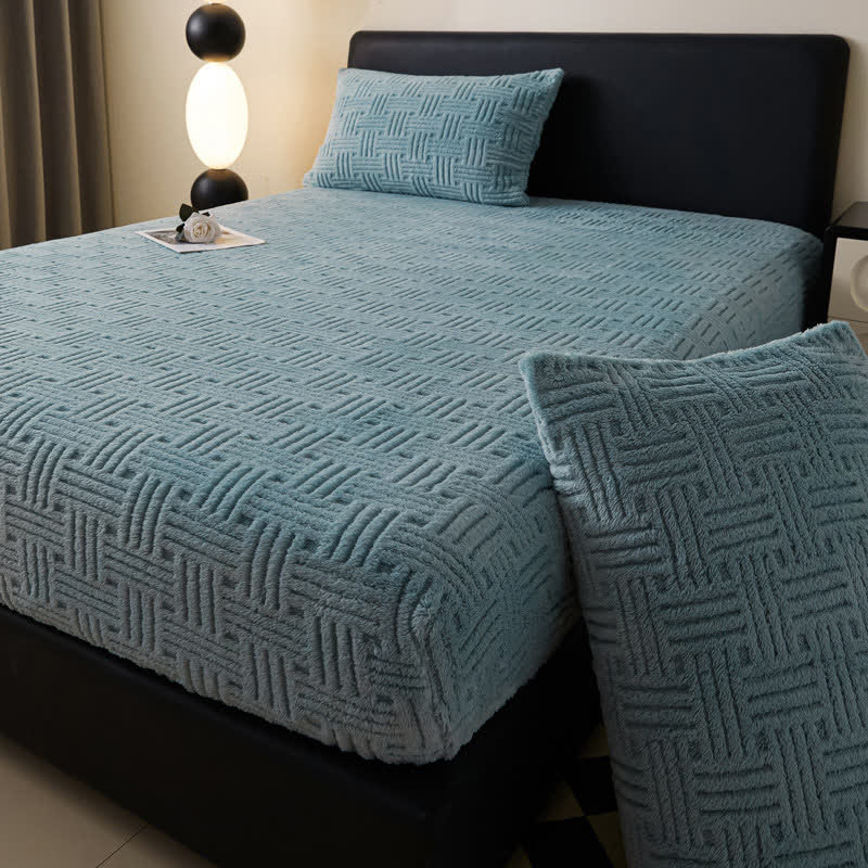  Simple Fleece Winter Warm Fitted Sheet - Blue Green - 2pcs Pillowcases - 19" x 29" - image 5