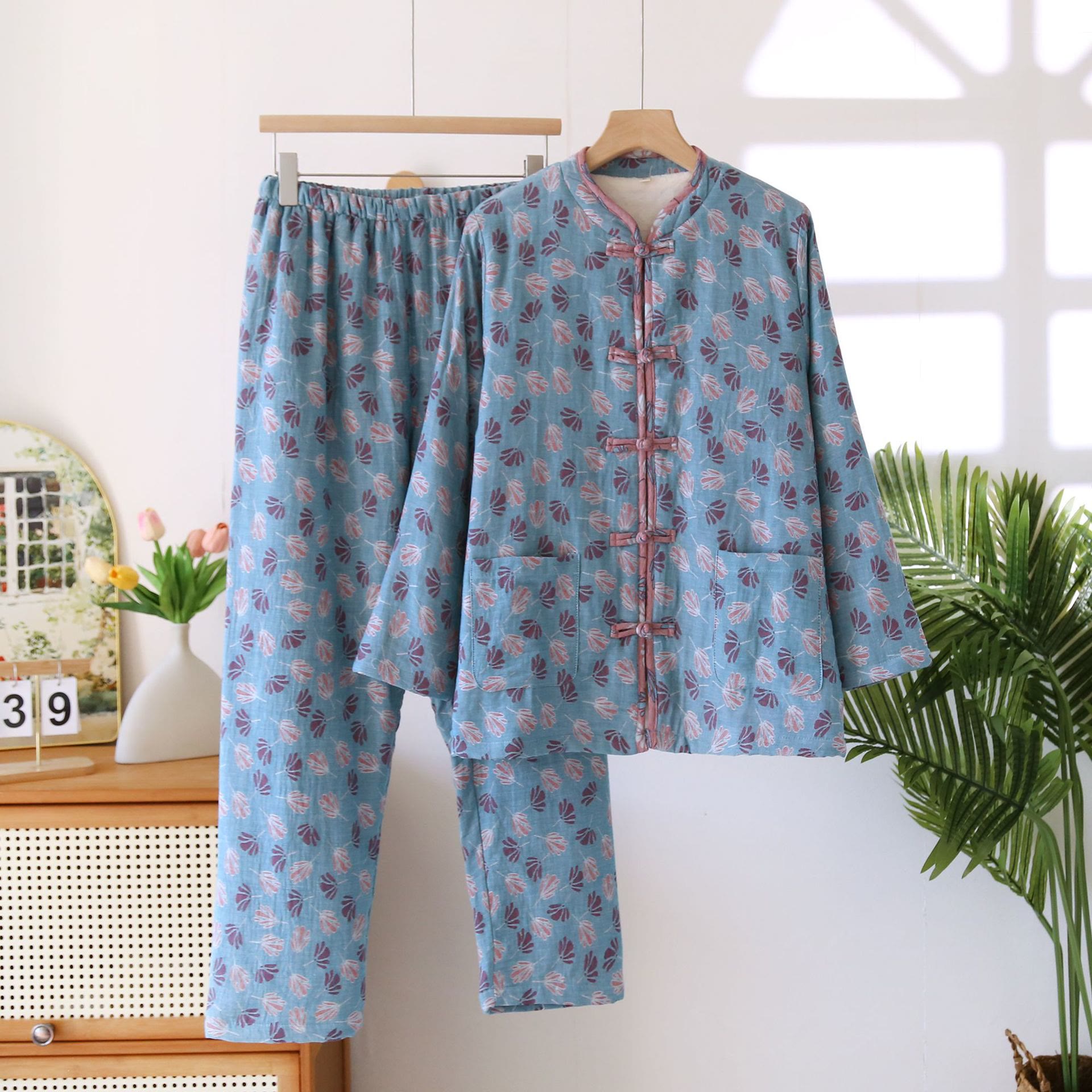 Frog Button Floral Cotton Warm Pajama Set - XL - image 0