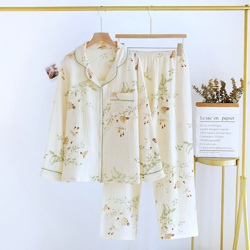 Floral Butterfly Cotton Gauze Pajama Set - Lapel Neckline - XL - image 1