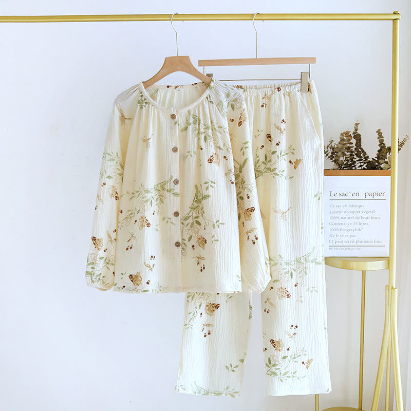 Floral Butterfly Cotton Gauze Pajama Set - Round Neckline - XL - image 7