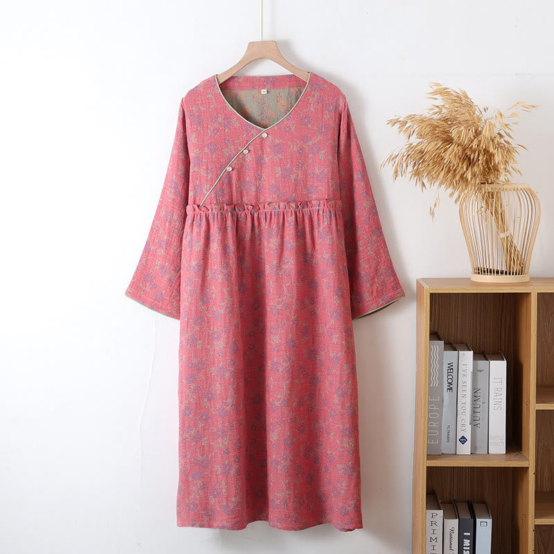 Yarn-dyed Jacquard Soft Cotton Nightdress - Dark Pink - L - image 1
