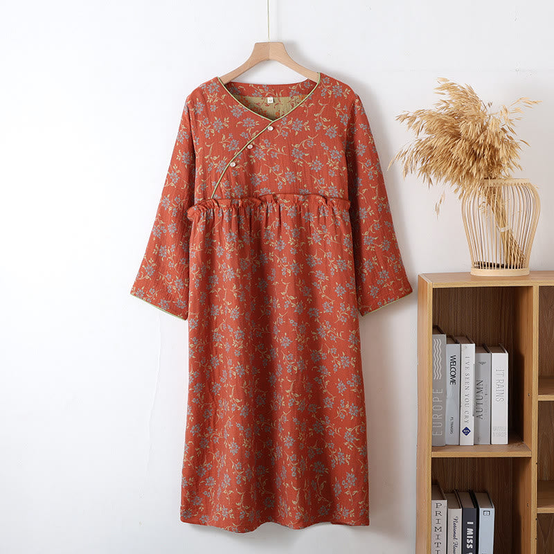 Yarn-dyed Jacquard Soft Cotton Nightdress - Brick Red - L - image 6