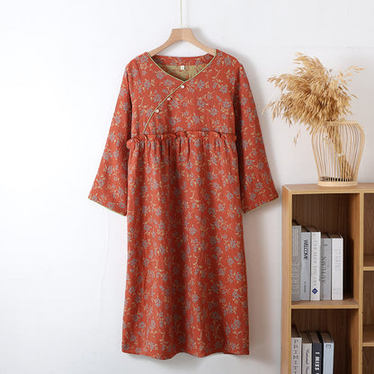 Yarn-dyed Jacquard Soft Cotton Nightdress - Brick Red - L - image 6