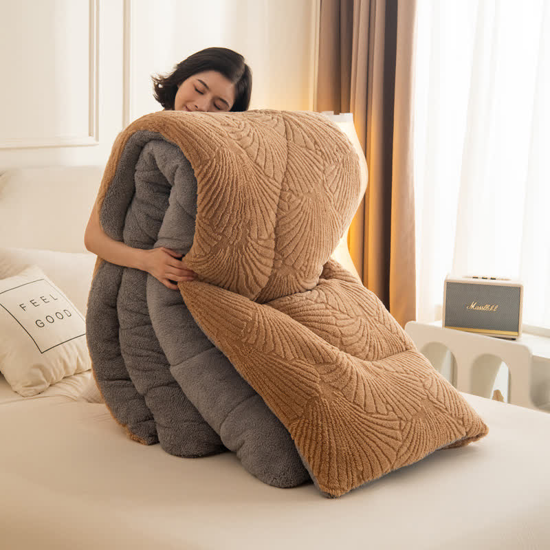 Sherpa Jacquard Ginkgo Leaf  Blanket with Quilt Core - Coffee - Queen - image 7