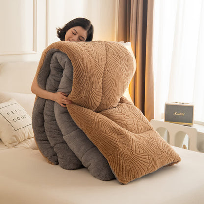 Sherpa Jacquard Ginkgo Leaf  Blanket with Quilt Core - Coffee - Queen - image 7